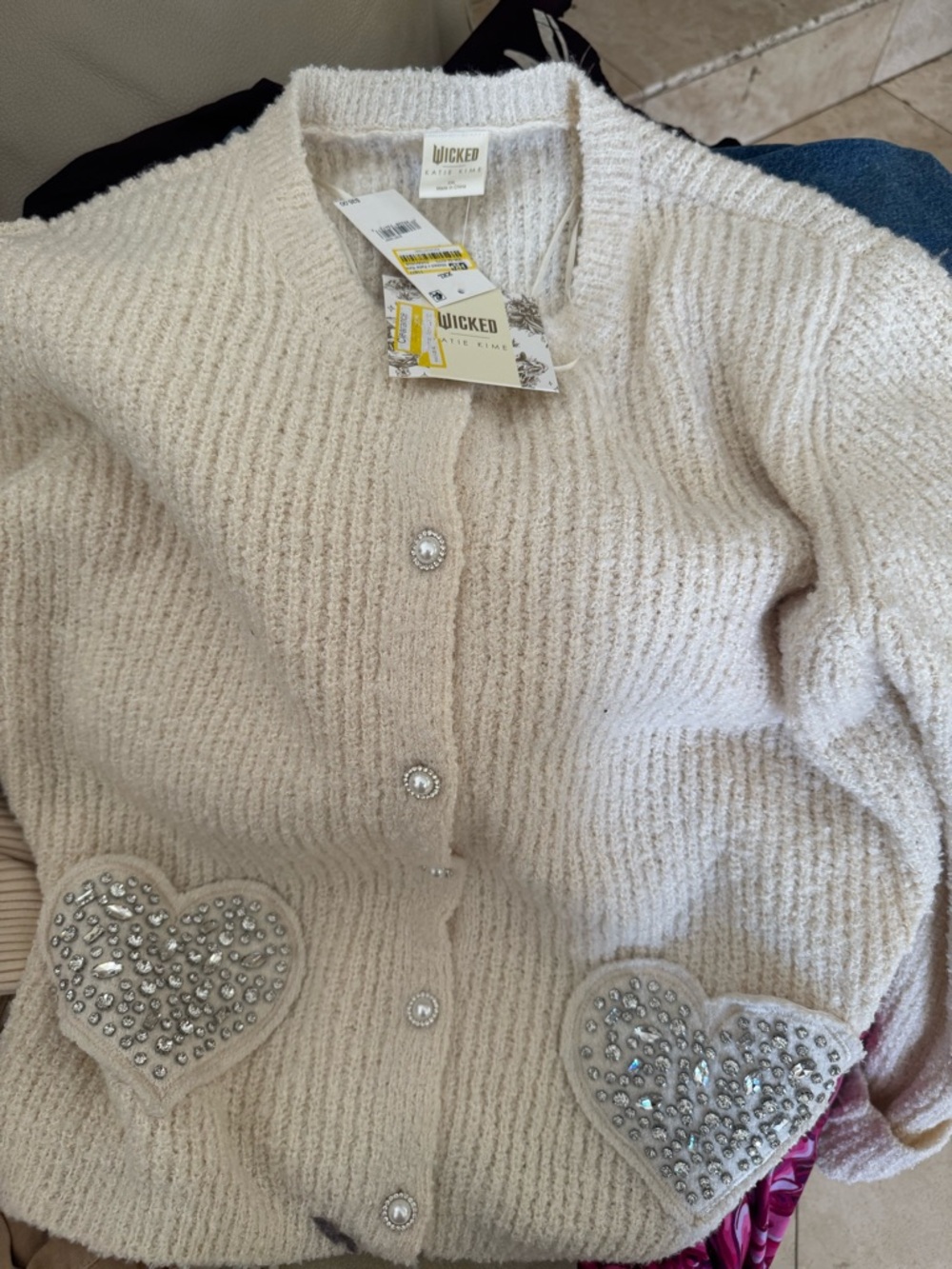 Katie K Cream Heart Pocket Cardigan with Crystal Buttons